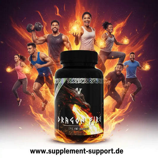 Dragon Fire Fatburner Kapseln vor sportlichen Menschen mit Flammen, Supplement Produkt