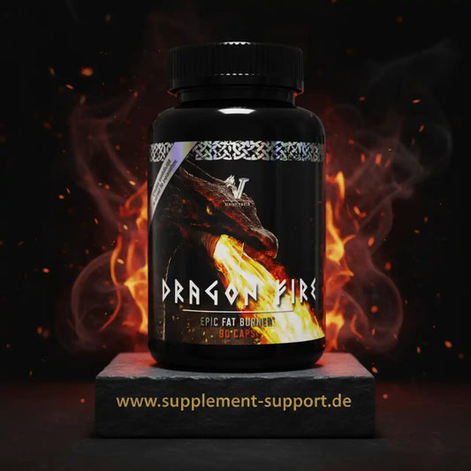 Nahrungsergänzungsmittel Dragon Fire Fat Burner Dose mit Drachenmotiv und Flammen