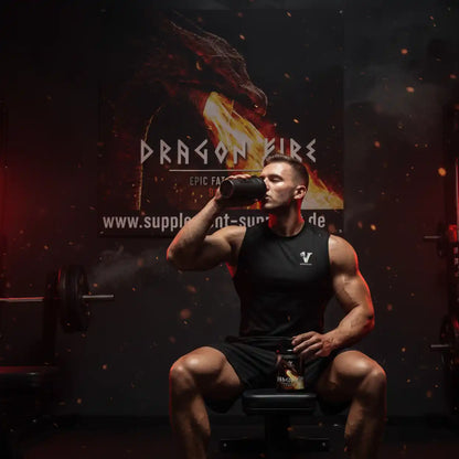 Bodybuilder im Fitnessstudio trinkt Proteinshake, Sportnahrung und Nahrungsergänzungsmittel
