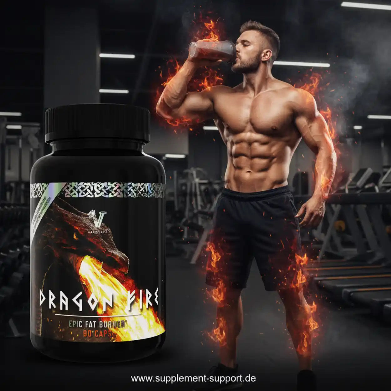 Fitnesstraining im Studio, muskulöser Mann mit Proteinshake, Dragon Fire Fatburner Supplement