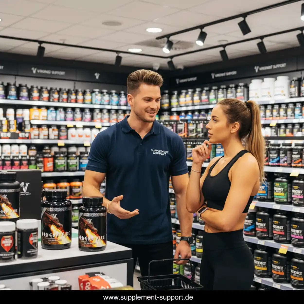 Beratung zu Sportnahrung und Proteinpulver im Supplement Geschäft, Regale mit Nahrungsergänzungsmitteln