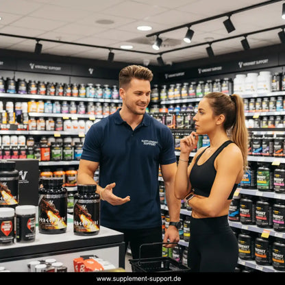 Beratung zu Sportnahrung und Proteinpulver im Supplement Geschäft, Regale mit Nahrungsergänzungsmitteln