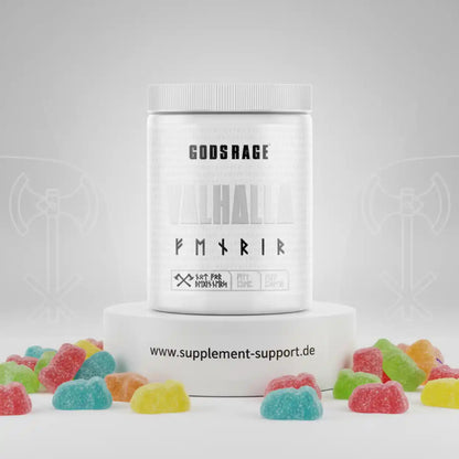 Weiße Dose Nahrungsergänzungsmittel mit Valhalla-Design, umgeben von bunten Gummies