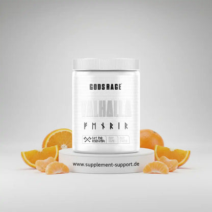 Weiße Dose Nahrungsergänzungsmittel auf Podest mit Orangenscheiben und Mandarinen