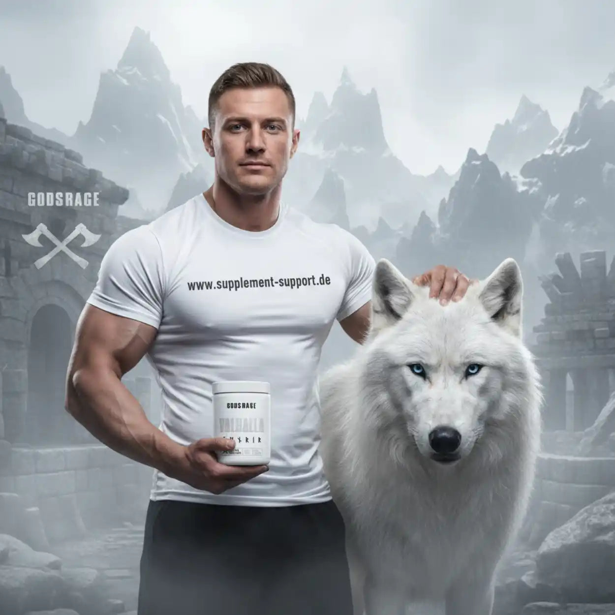 Muskulöser Mann mit weißem Wolf und Proteinpulver in mystischer Berglandschaft
