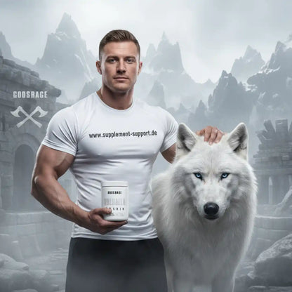 Muskulöser Mann mit weißem Wolf und Proteinpulver in mystischer Berglandschaft