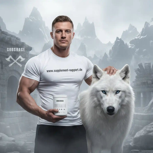 Muskulöser Mann mit weißem Wolf und Proteinpulver in mystischer Berglandschaft