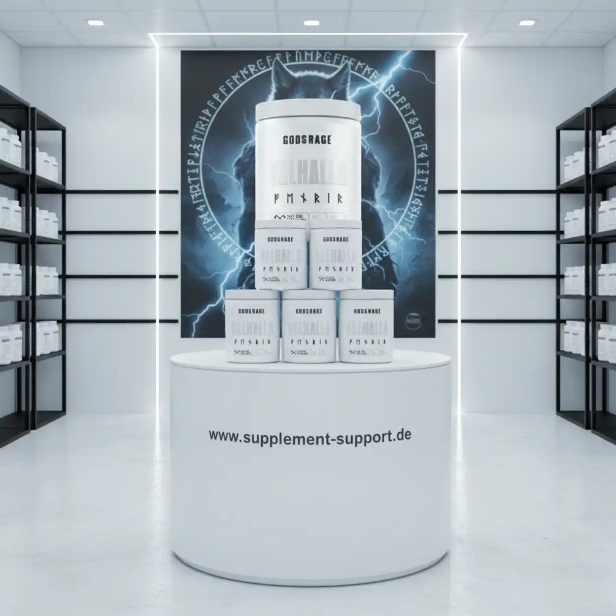 Weiße Proteinpulver-Dosen Fenrir im modernen Fitnessraum mit Blitzmotiv im Hintergrund