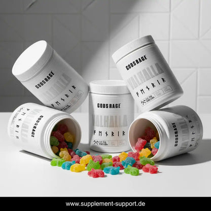 Weiße Dosen Nahrungsergänzungsmittel mit bunten Gummibärchen auf weißem Hintergrund