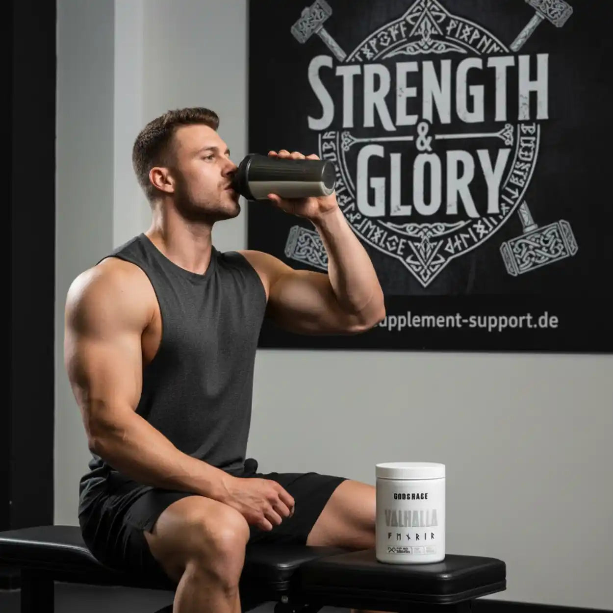 Muskelbepackter Mann im Fitnessstudio trinkt Proteinshake, Valhalla Fenrir Supplementdose auf Bank