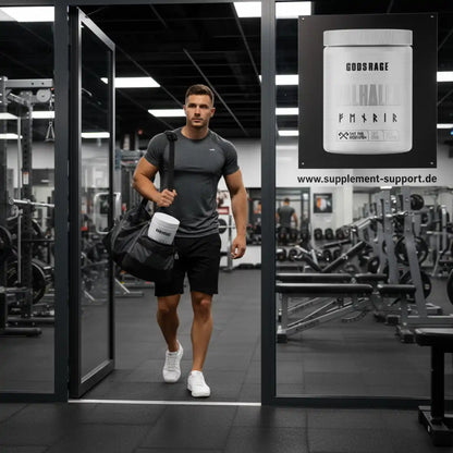 Sportler mit Fitnesstasche und Proteinpulver im Fitnessstudio, Nahrungsergänzungsmittel Werbung