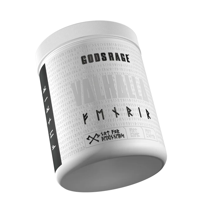 Weiße Dose Sportnahrung Pulver mit Runen-Design, Aufschrift GODSRAGE VALHALLA, Nahrungsergänzung