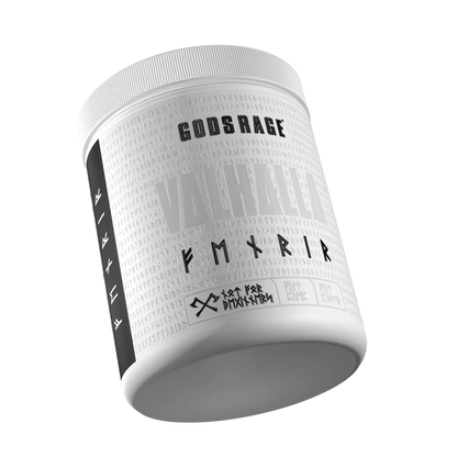 Weiße Dose Sportnahrung Pulver mit Runen-Design, Aufschrift GODSRAGE VALHALLA, Nahrungsergänzung