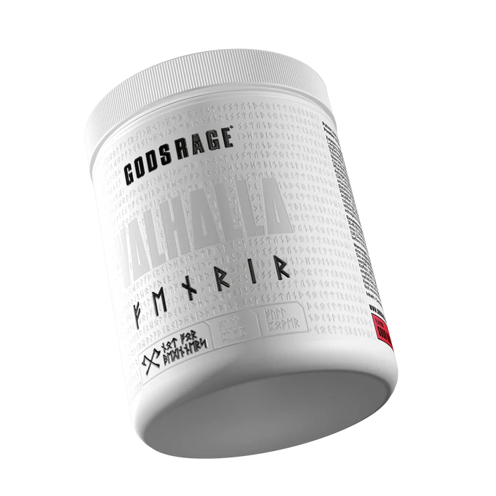 Weiße Dose Sportnahrung Supplement mit dem Aufdruck 'Gods Rage Valhalla', modernes Design