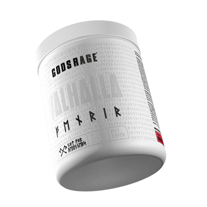 Weiße Dose Sportnahrung Supplement mit dem Aufdruck 'Gods Rage Valhalla', modernes Design