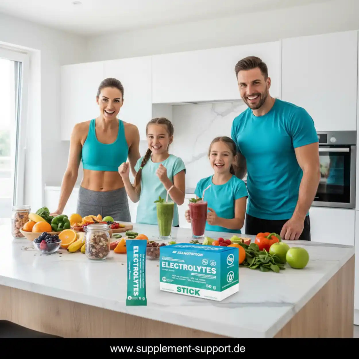 Familie mit Elektrolyt-Sticks und frischem Obst in der Küche – gesunde Ernährung und Sportnahrung