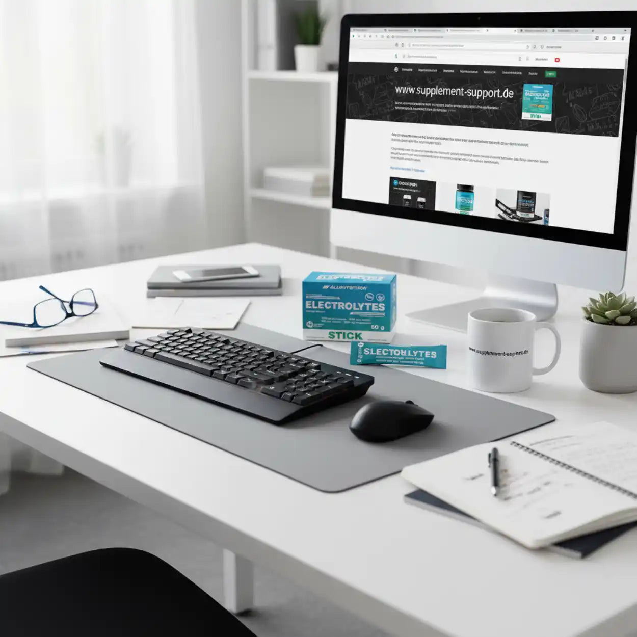 Elektrolyt-Sticks auf Schreibtisch neben Computer und Tasse, ideal für Sport und Fitness