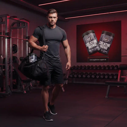 Sportler im Fitnessstudio mit Sporttasche und Creatin-Monohydrat-Dose, Muskelaufbau Supplement