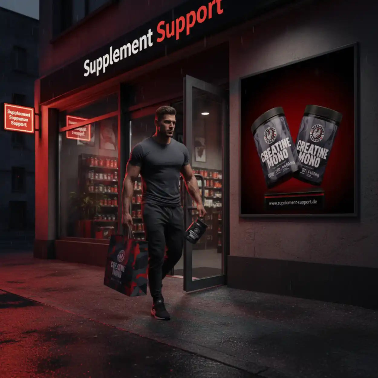 Sportliches Geschäft für Nahrungsergänzung, Mann mit Creatin und Einkaufstasche vor dem Laden