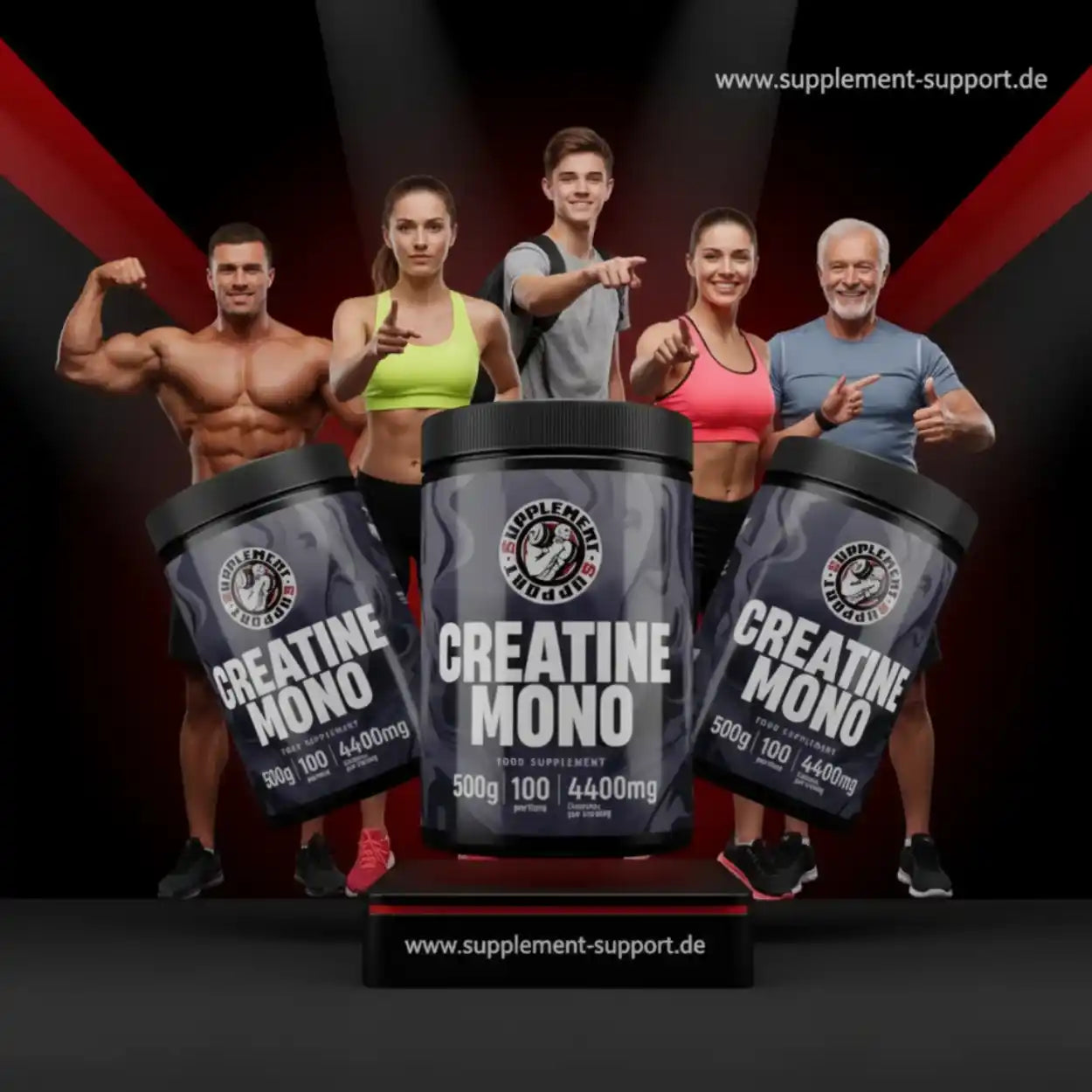 Gruppe sportlicher Menschen mit Creatine Monohydrat Dosen, Fitness Nahrungsergänzung