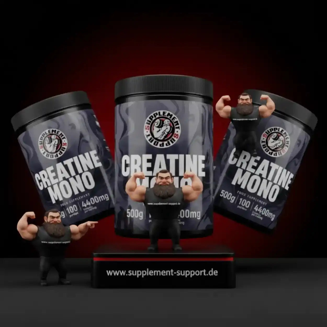 Drei Creatine Mono Dosen mit Bodybuilder-Figuren, Nahrungsergänzung für Muskelaufbau