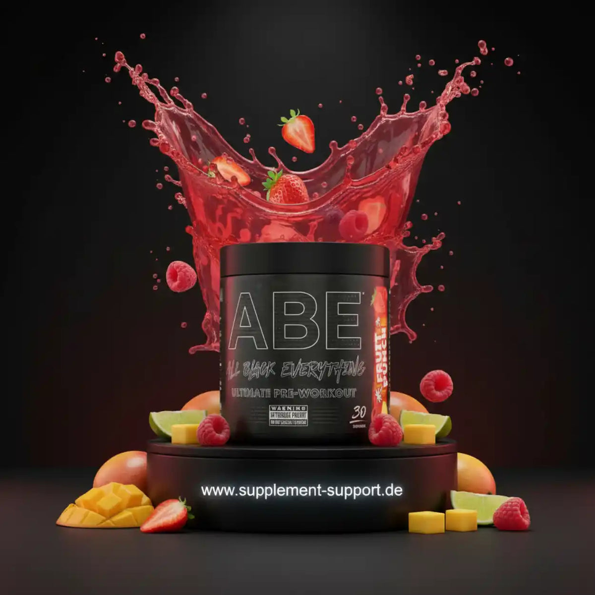ABE All Black Everything Pre-Workout Booster in Fruity-Geschmack mit Früchten und Beeren-Splash