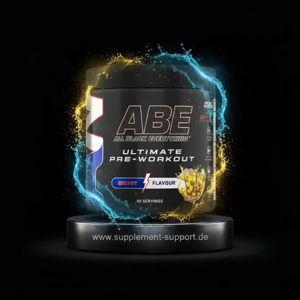 ABE Ultimate Pre-Workout Booster Dose mit dynamischen blau-gelben Energieeffekten