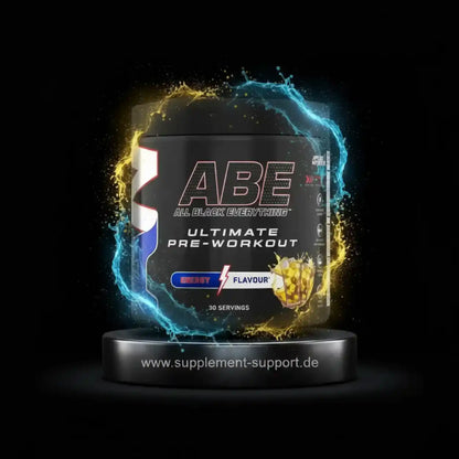ABE Ultimate Pre-Workout Booster Dose mit dynamischen blau-gelben Energieeffekten