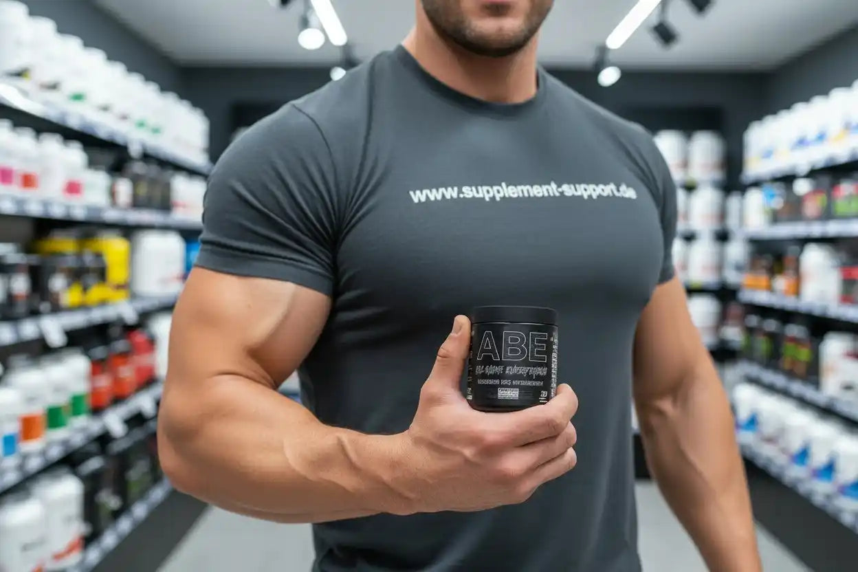 Muskulöser Mann hält ABE-Booster in Supplement-Shop, Protein & Vitamine im Hintergrund