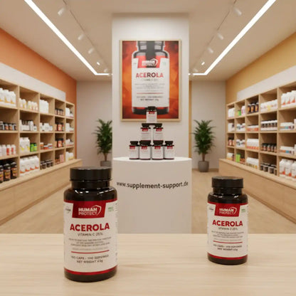Acerola Vitamin C 25% Kapseln in moderner Apotheke, hochwertige Nahrungsergänzungsmittel
