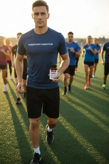 Mann mit Acerola-Vitamin-C-Tabletten auf Sportplatz, Nahrungsergänzung für Sportler