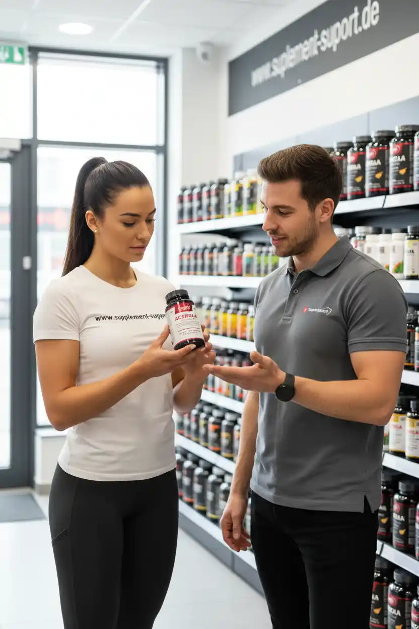 Mitarbeiter berät Kundin zu Nahrungsergänzungsmitteln im Supplement-Shop