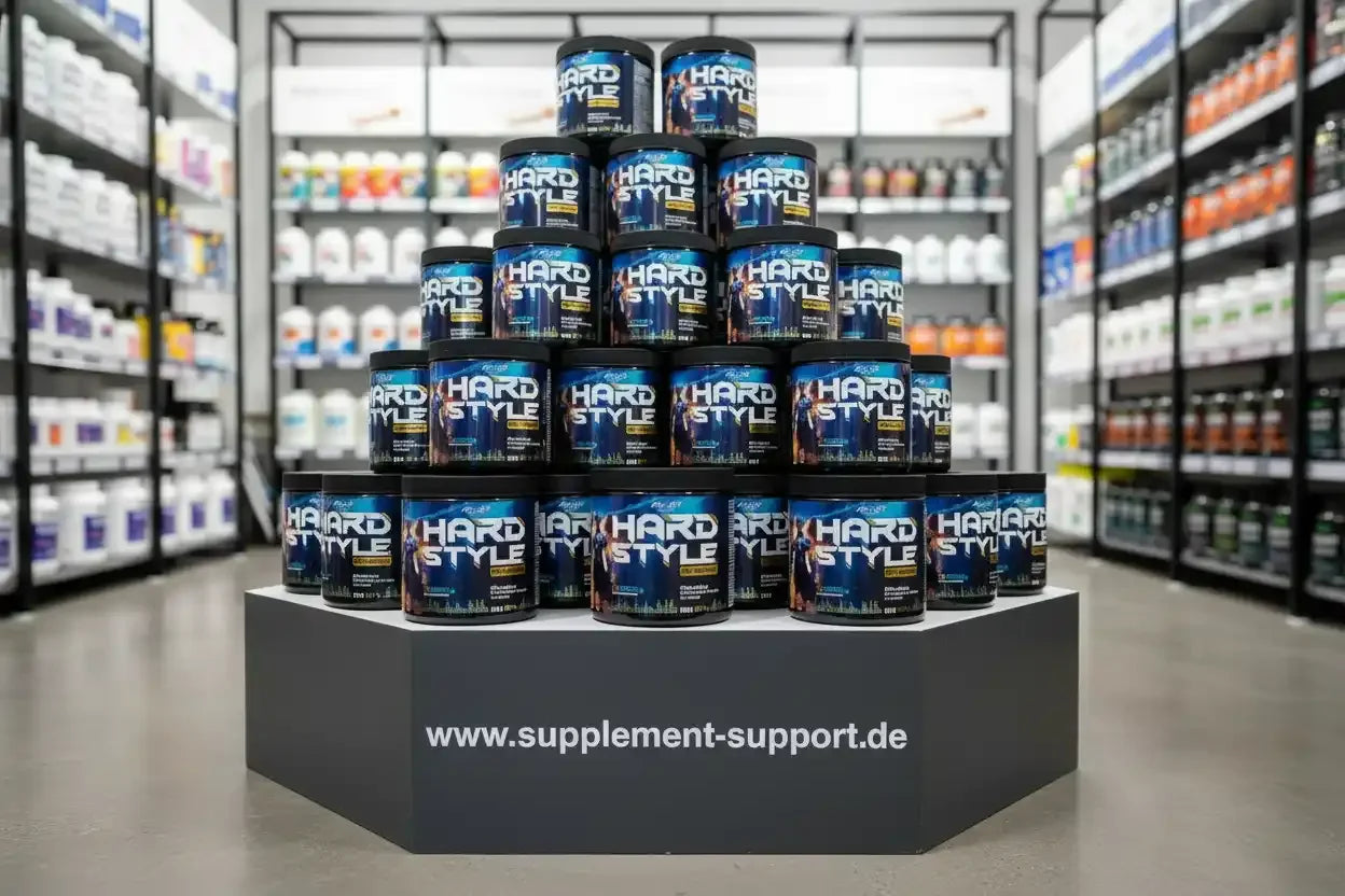 Hard Style Protein-Dose in Pyramidenform im Supplement-Store, ideal für Sportler und Fitness-Enthusiasten