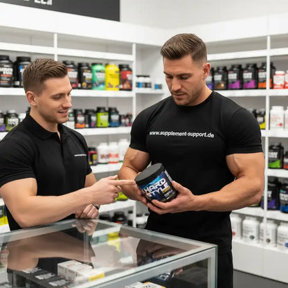 Muskulöser Mann mit Hard Style Supplement im Fitnessshop, Beratung durch Mitarbeiter