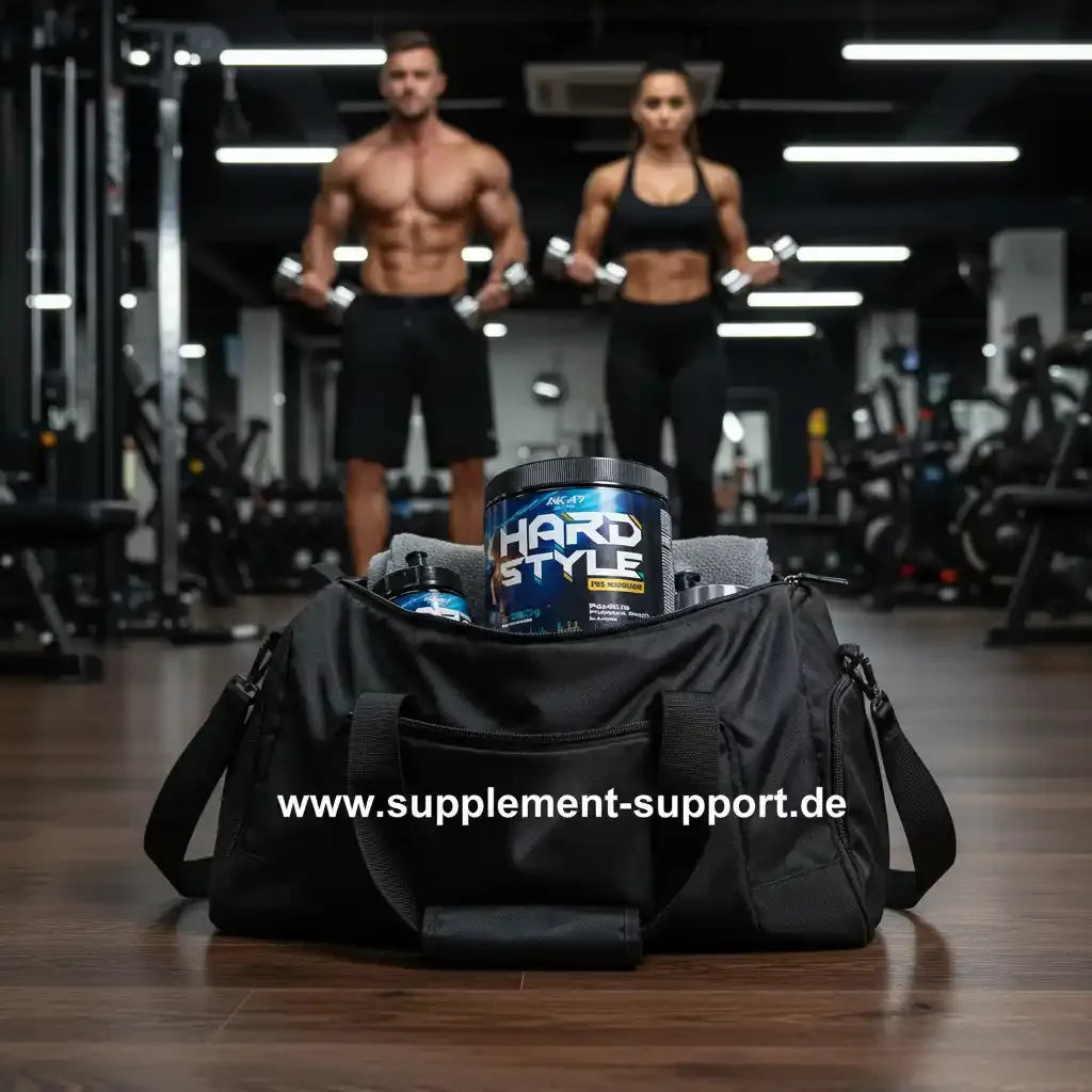 Protein-Pulver & Fitness-Zubehör in Sporttasche im Gym – ideal für Muskelaufbau und Training