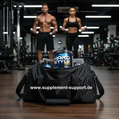 Protein-Pulver & Fitness-Zubehör in Sporttasche im Gym – ideal für Muskelaufbau und Training
