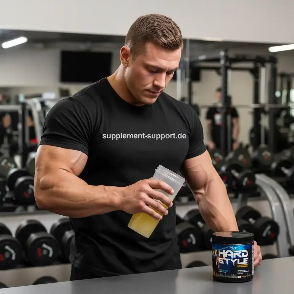 Muskulöser Mann im Fitnessstudio mit Proteinshake und Hard Style Supplement