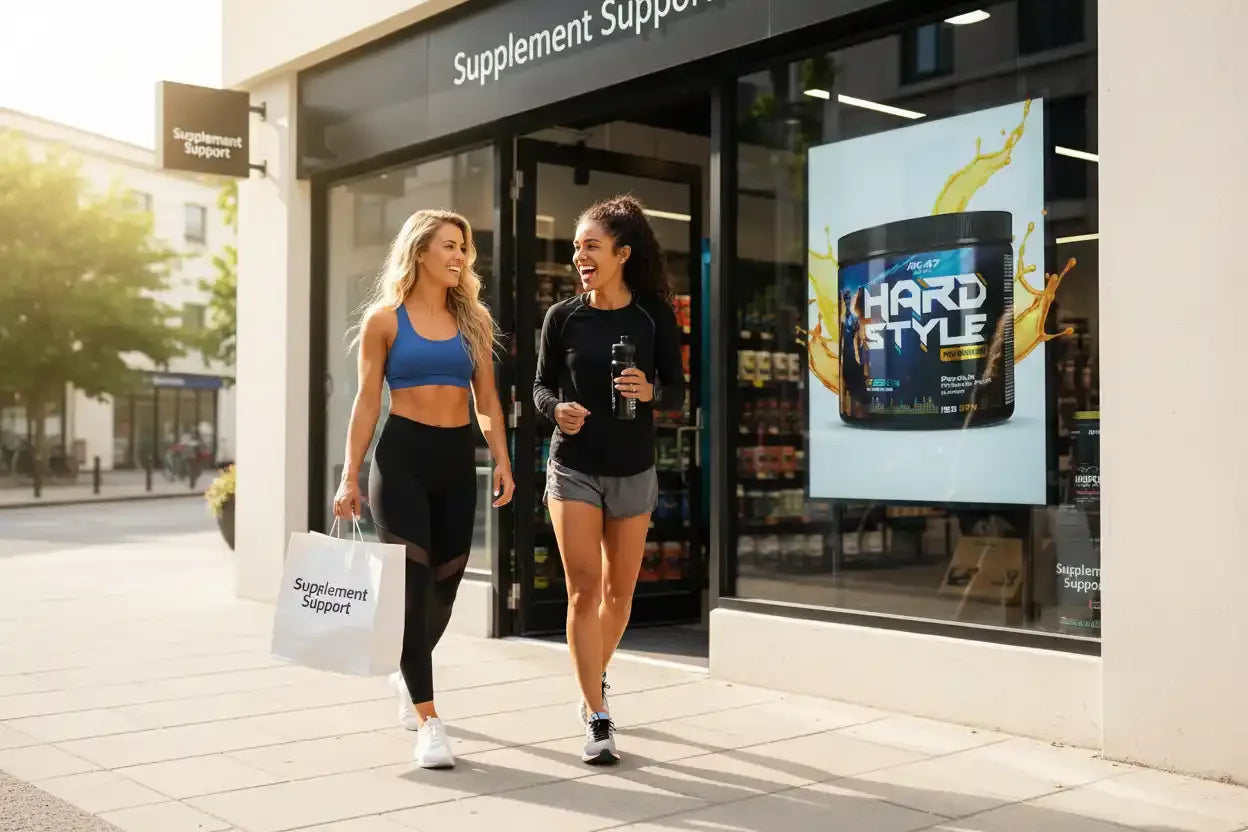 Zwei Frauen mit Sportnahrung vor Supplement Support Shop, Protein & Booster