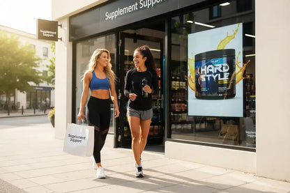 Zwei Frauen mit Sportnahrung vor Supplement Support Shop, Protein & Booster