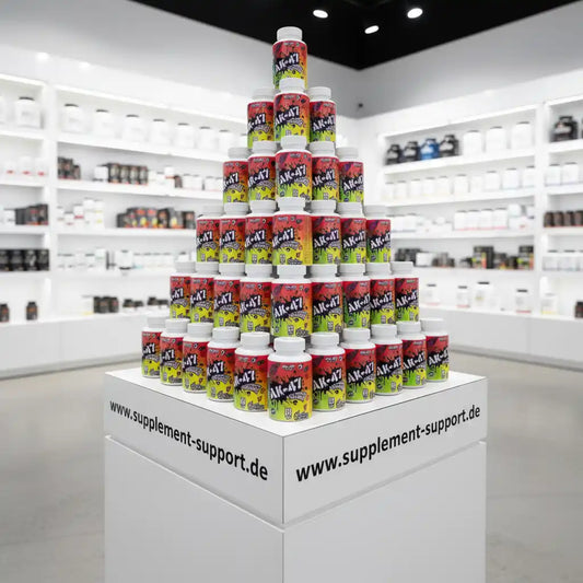 Stapel bunter Nahrungsergänzungsmittel-Dosen im modernen Sportnahrung-Shop