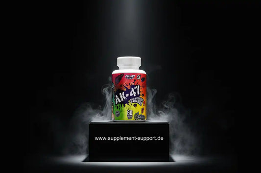 Bunte Dose Kapseln mit 60 Stück, Nahrungsergänzungsmittel, auf Podest mit Rauch