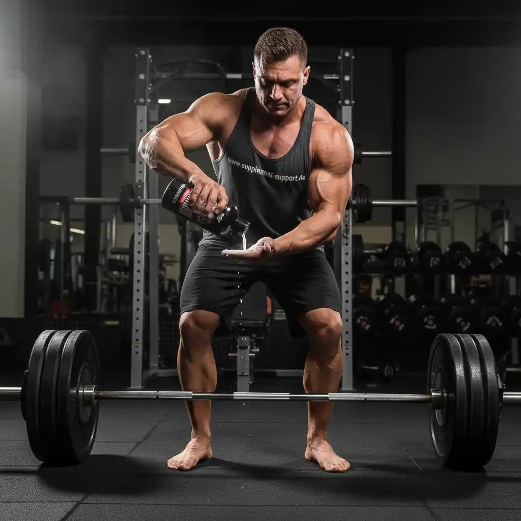 Bodybuilder mit Mega Grip Liquid Chalk von AK47 Labs, bereit fürs Gewichtheben im Fitnessstudio