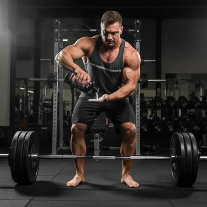 Bodybuilder mit Mega Grip Liquid Chalk von AK47 Labs, bereit fürs Gewichtheben im Fitnessstudio