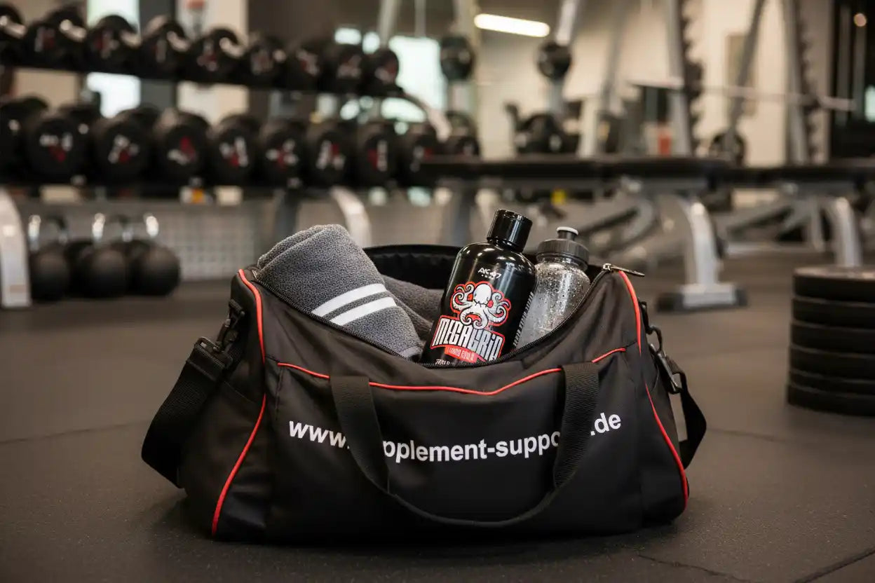 Sporttasche mit AK47 Labs Mega Grip Liquid Chalk, Trinkflasche und Handtuch im Fitnessstudio