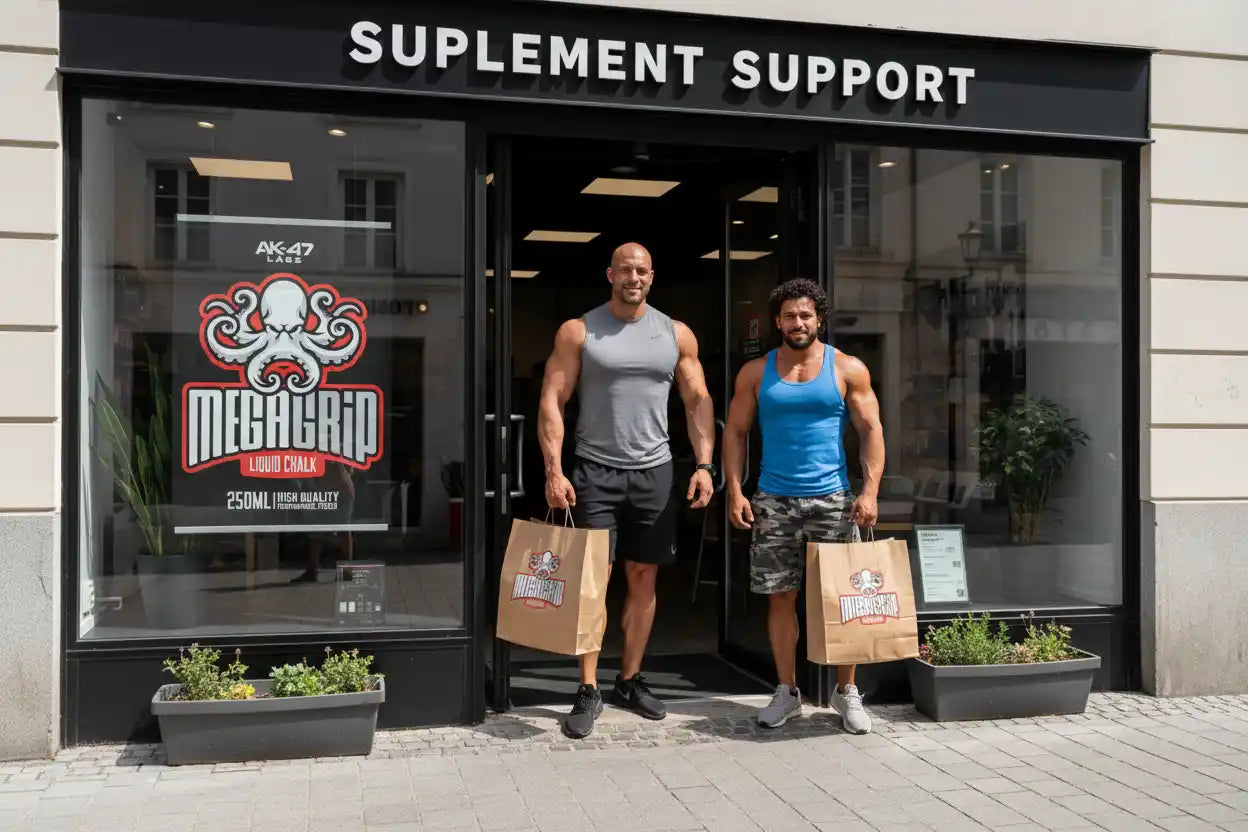 Zwei sportliche Männer mit Einkaufstüten vor Supplement Support Geschäft, Megagrip Liquid Chalk Werbung im Fenster.