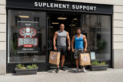 Zwei sportliche Männer mit Einkaufstüten vor Supplement Support Geschäft, Megagrip Liquid Chalk Werbung im Fenster.