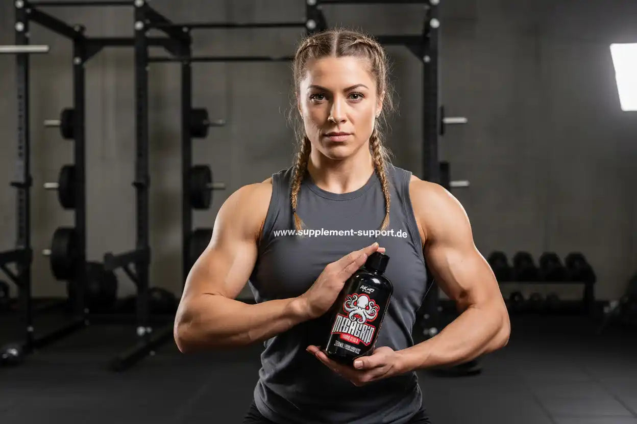 Sportliche Frau im Fitnessstudio hält AK47 Labs Mega Grip Liquid Chalk von Supplement Support