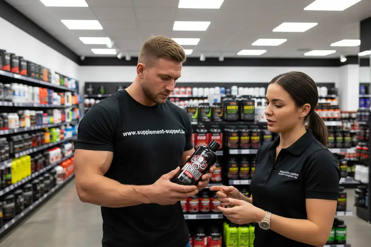 Beraterin erklärt einem Kunden Mega Grip Liquid Chalk in einem Nahrungsergänzungsmittel-Shop.