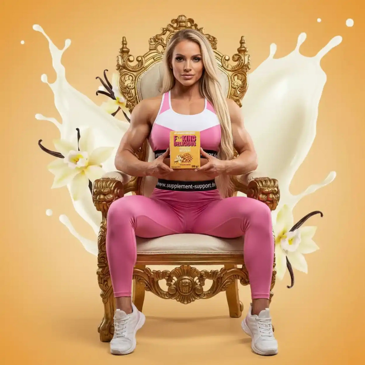 Muskulöse Frau in pinker Sportbekleidung auf einem Thron mit F-KING DELICIOUS Protein-Produkt.