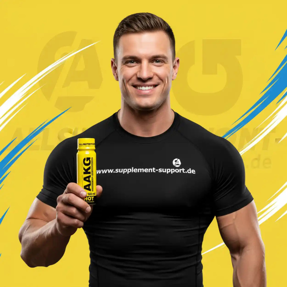 Muskulöser Mann mit AAKG Booster von Supplement Support, Sportnahrung für Fitness und Training
